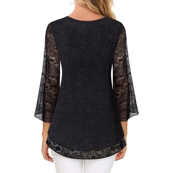 Women's 3/4 Sleeve Floral Blouses Shirts Double Layers V Neck Dressy Tunics Tops - Picture 4 of 6